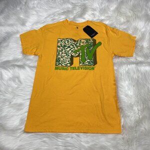 MTV Logo Cheetah Leopard Print Gold Graphic Crew Neck T-Shirt Men's Sz Small NEW